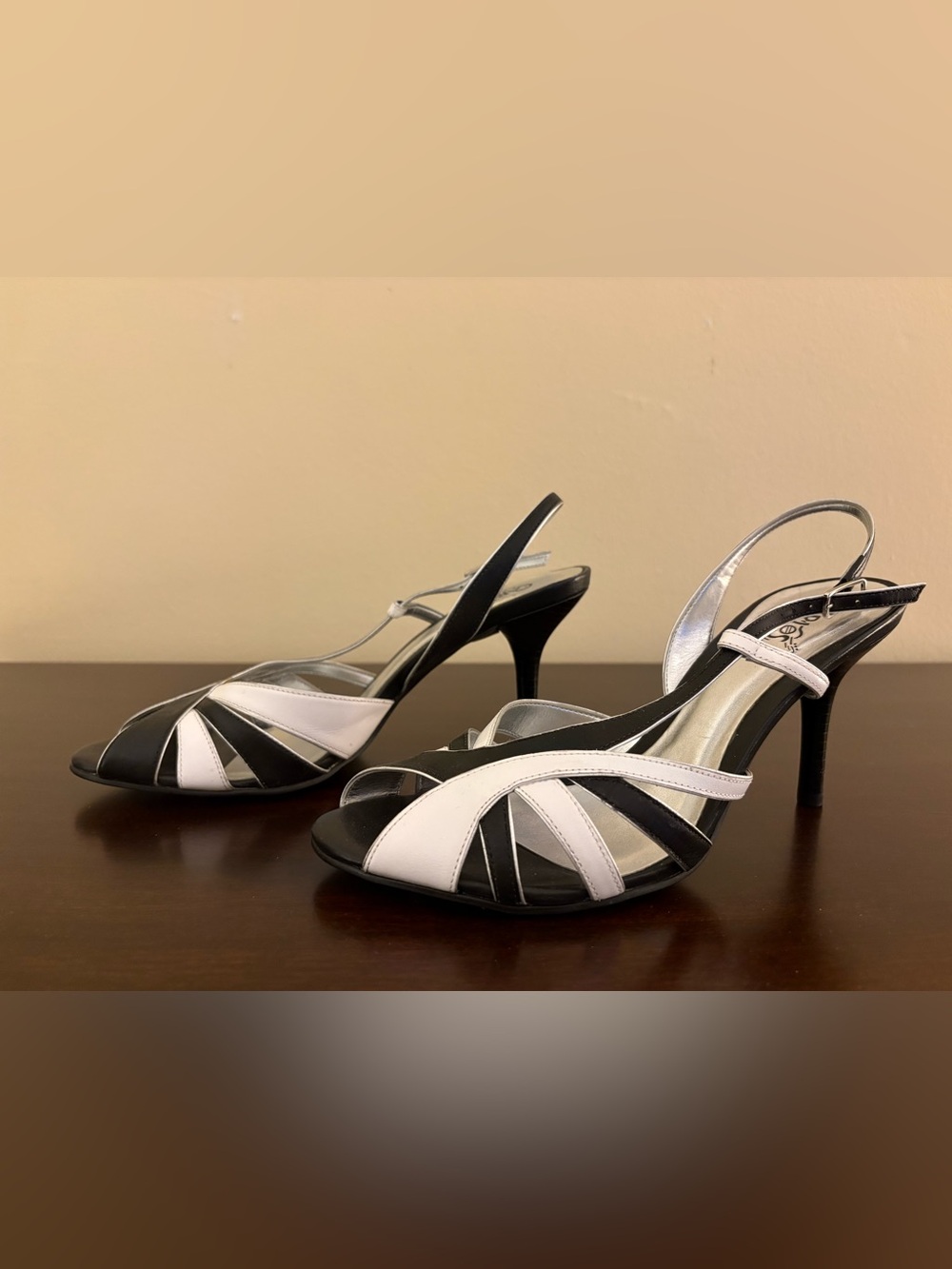Carlos Santana Black & White Slingback Open Toe Leather Heels - Classic Two-Tone